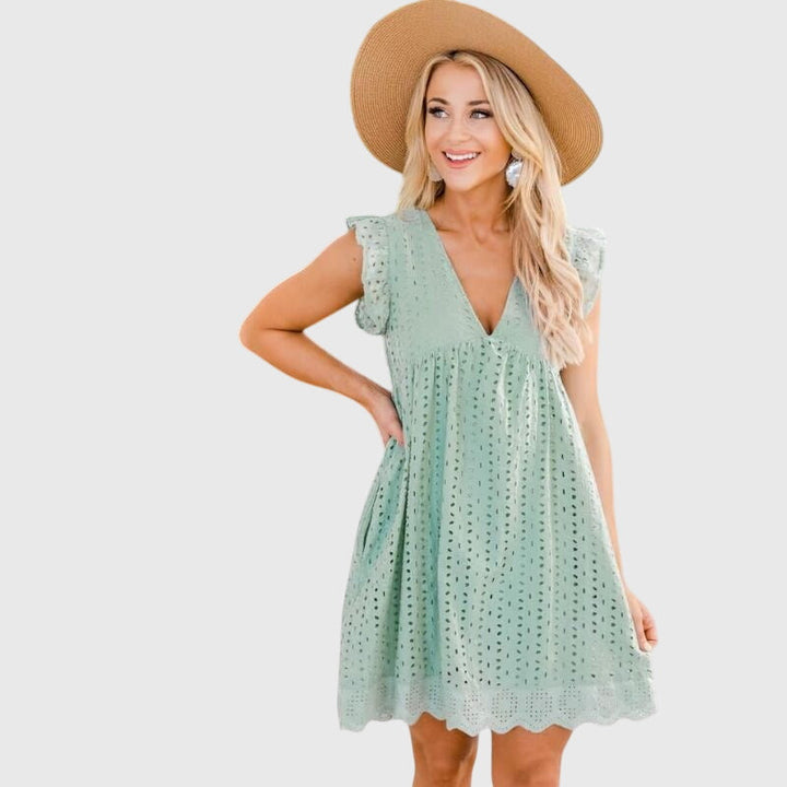 Falynora | Boho Eyelet Mini Dress with Flutter Sleeves