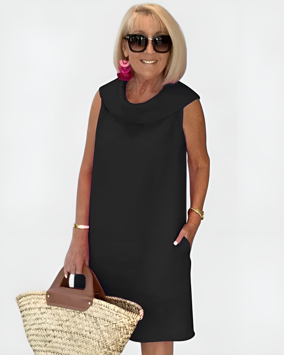 Falyssa | Classic Sleeveless Shift Dress with Draped Neckline
