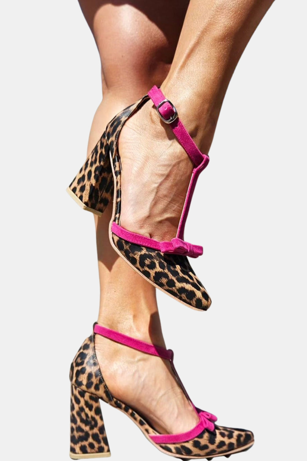 Fariha | Leopard Print T-Bar Heels with Structured Heel