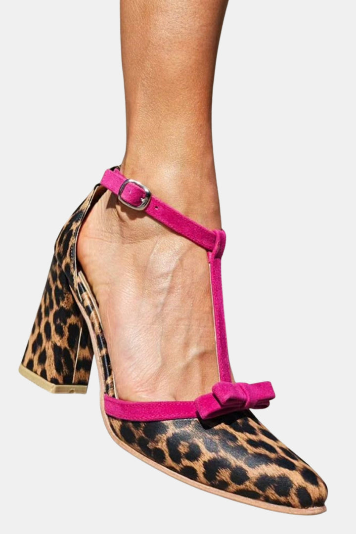 Fariha | Leopard Print T-Bar Heels with Structured Heel