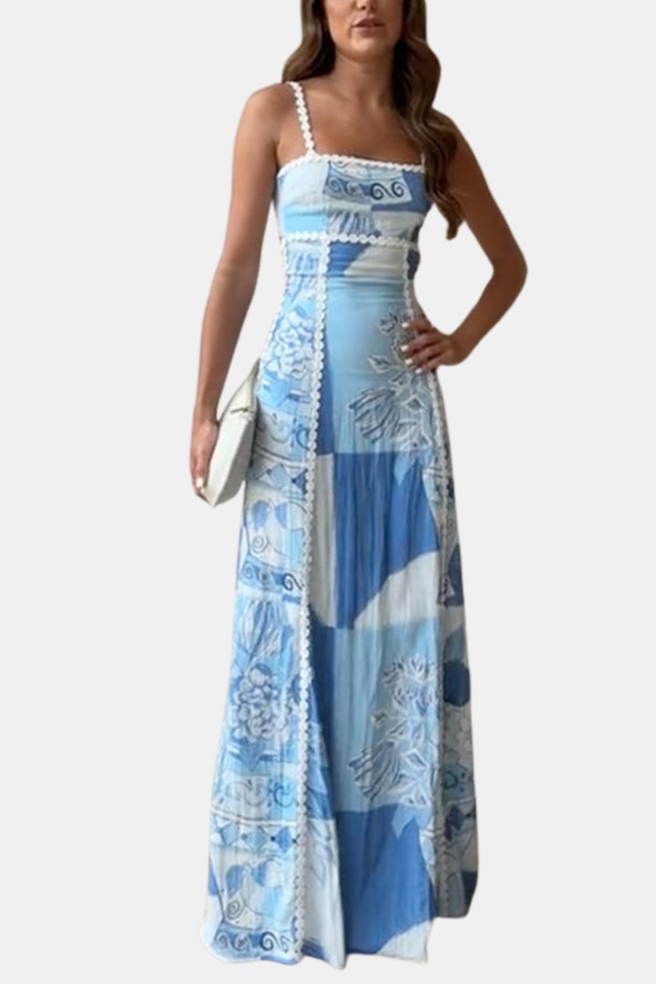 Faryzendra | Wedding Guest Printed Maxi Dress with Spaghetti Straps