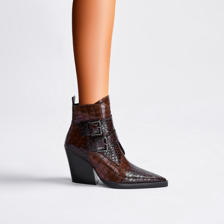 Fawnia | Croc Embossed Ankle Boots with Buckle Detail