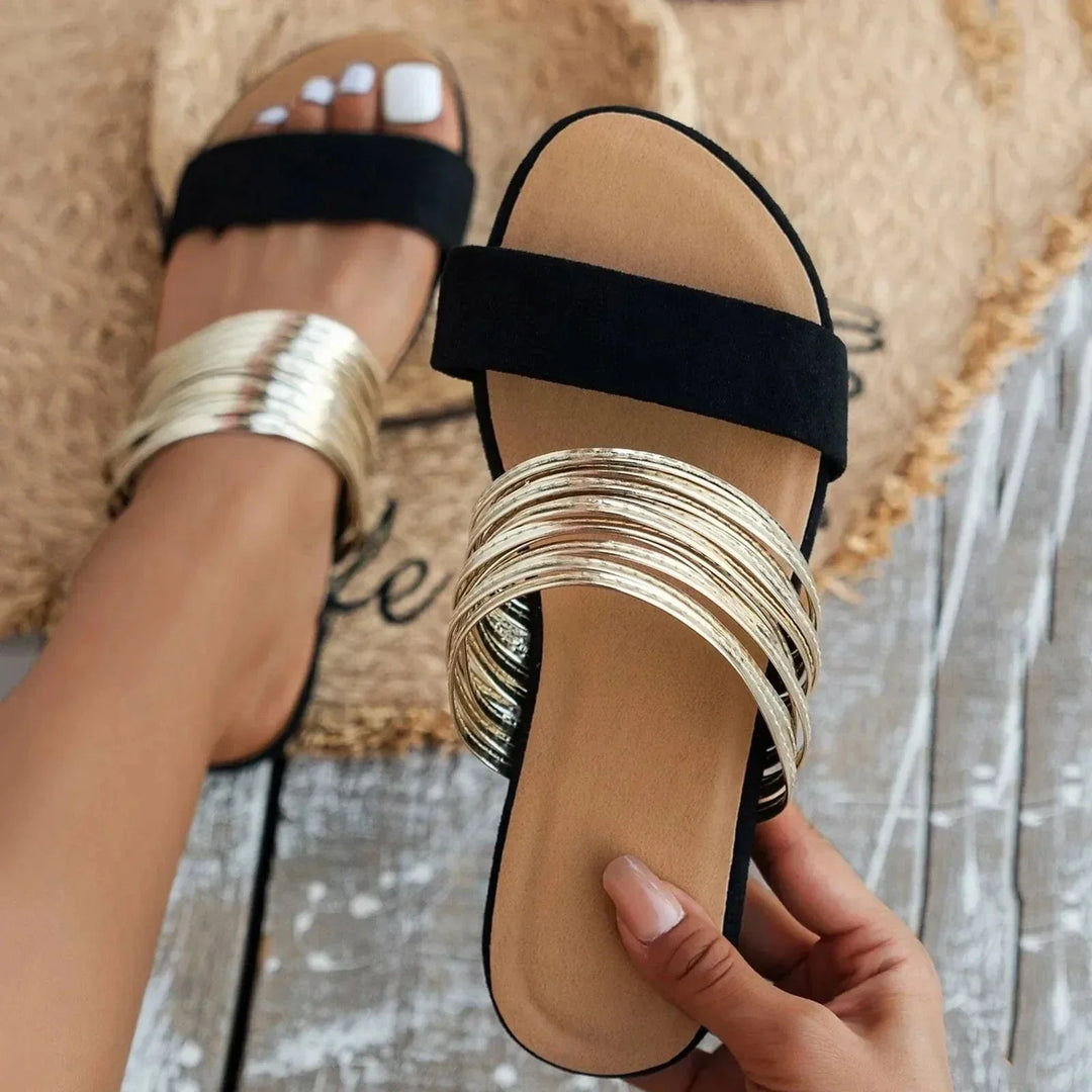 Felecia | Slide Sandals with Metallic Strap Detail