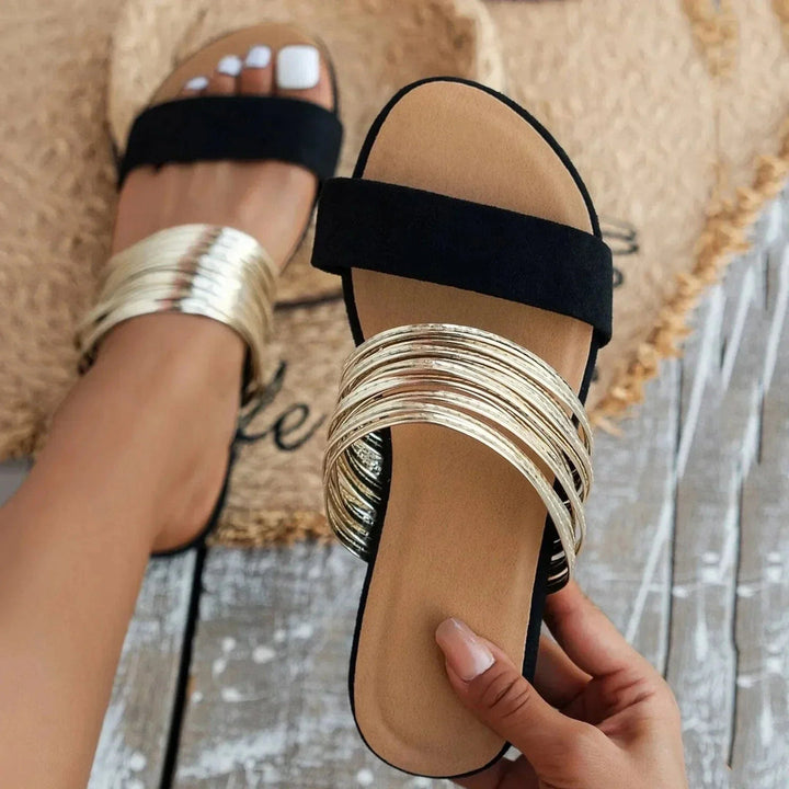 Felecia | Slide Sandals with Metallic Strap Detail