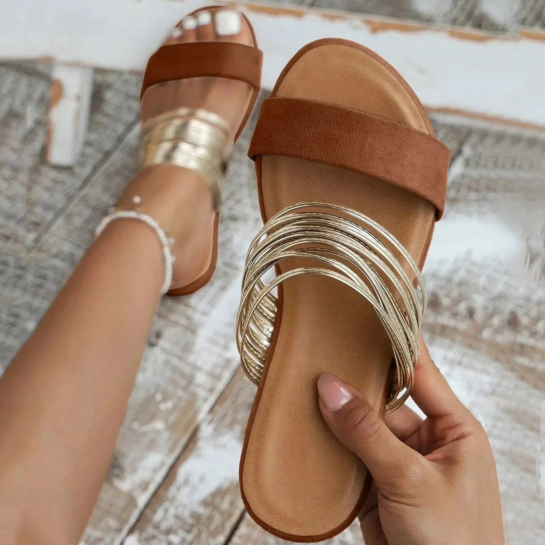 Felecia | Slide Sandals with Metallic Strap Detail