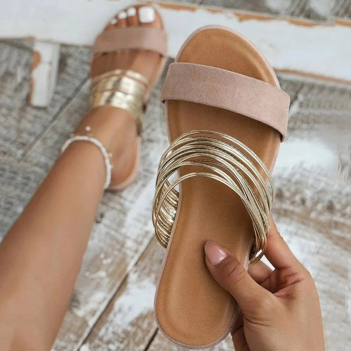 Felecia | Slide Sandals with Metallic Strap Detail