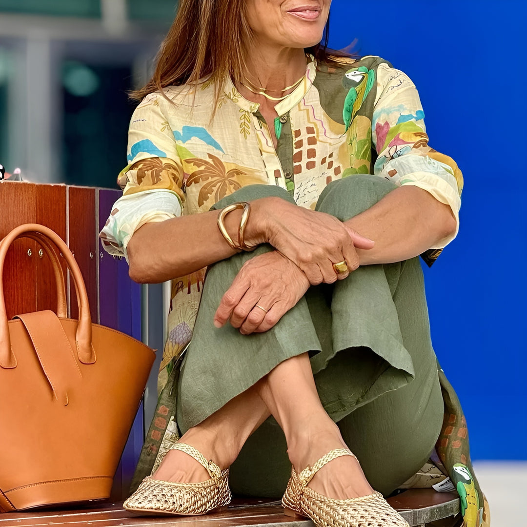 Frederica | Printed Long Shirt and Wide Leg Pants Set