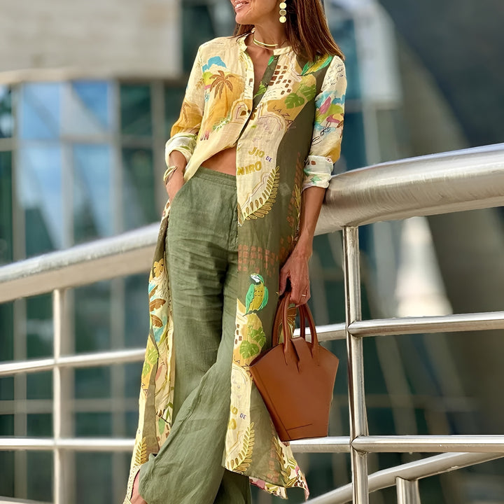 Frederica | Printed Long Shirt and Wide Leg Pants Set