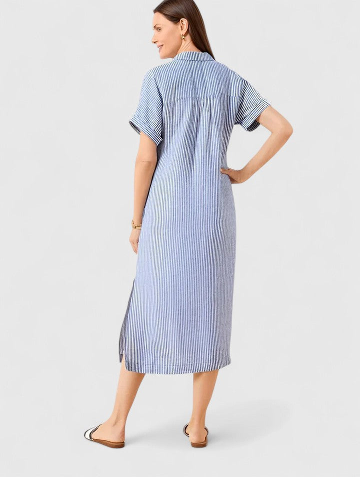 Fynoria | Striped Button Front Midi Dress with Collar