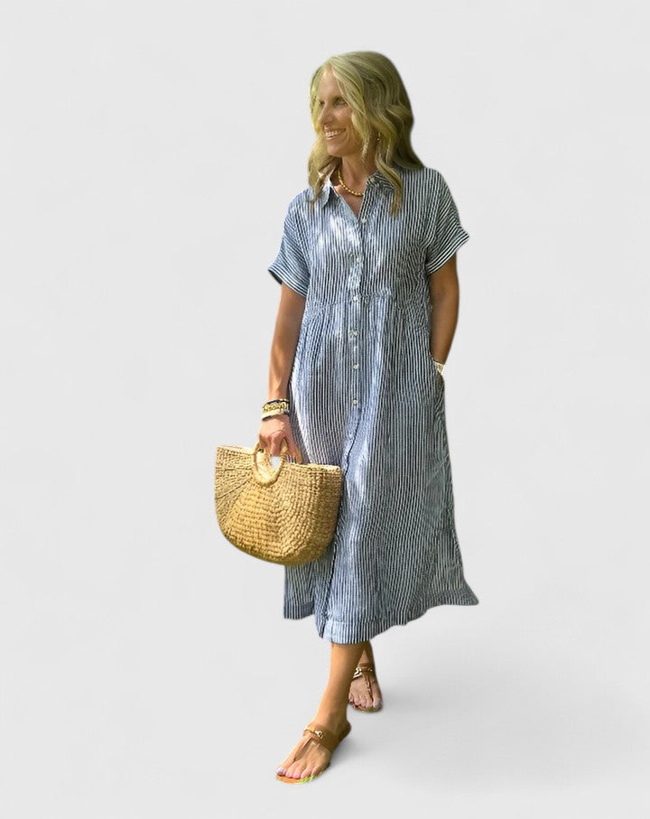 Fynoria | Striped Button Front Midi Dress with Collar
