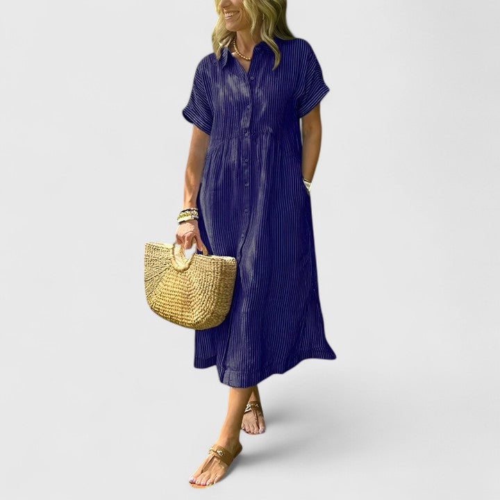 Fynoria | Striped Button Front Midi Dress with Collar