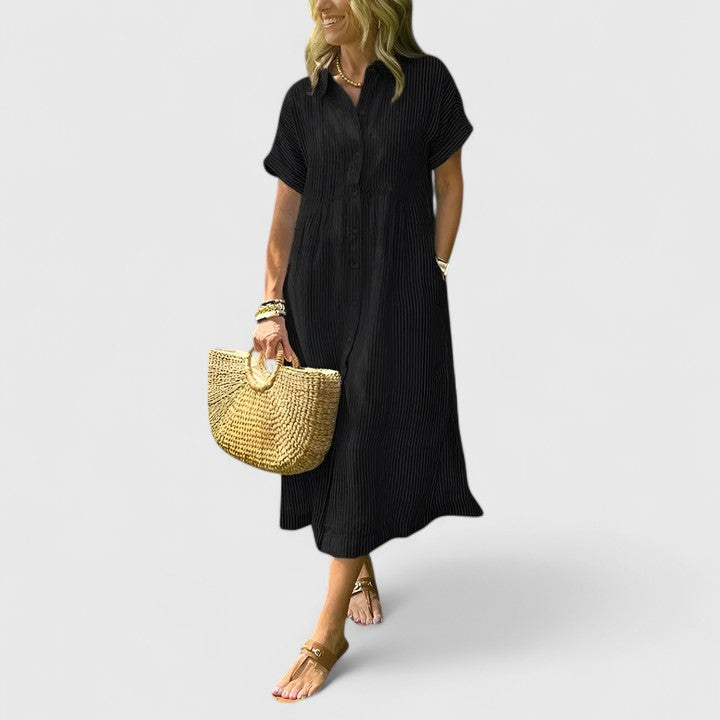 Fynoria | Striped Button Front Midi Dress with Collar