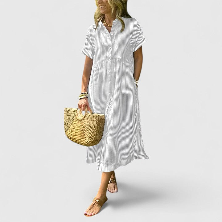 Fynoria | Striped Button Front Midi Dress with Collar