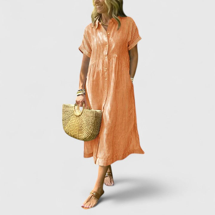 Fynoria | Striped Button Front Midi Dress with Collar