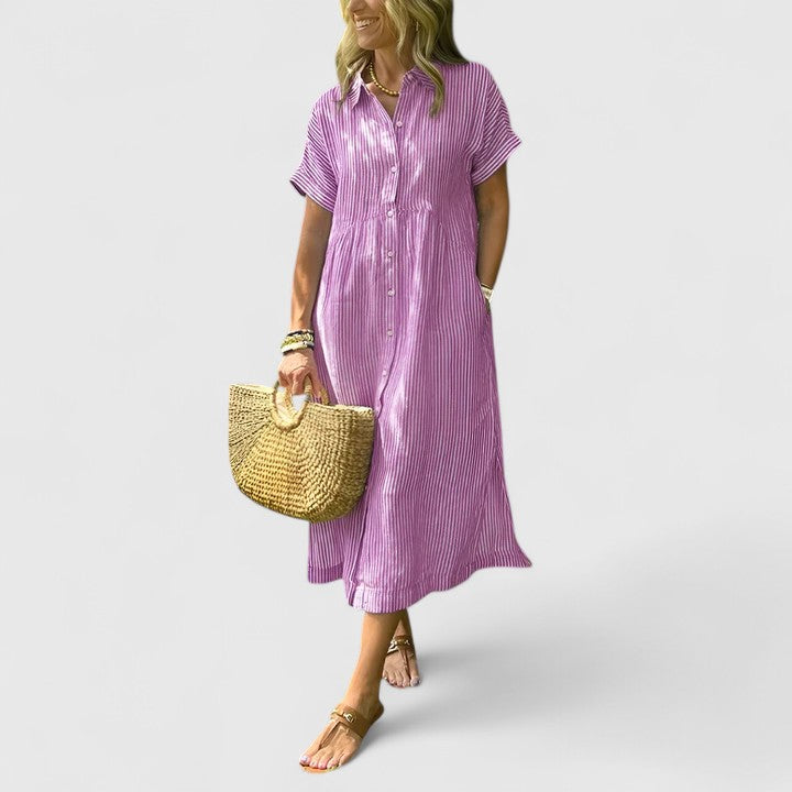 Fynoria | Striped Button Front Midi Dress with Collar