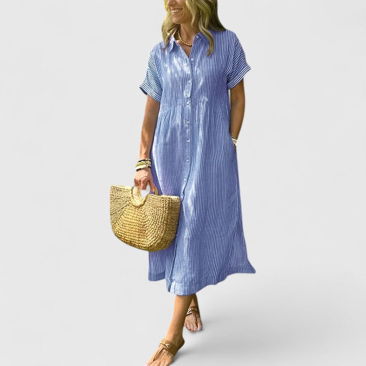 Fynoria | Striped Button Front Midi Dress with Collar