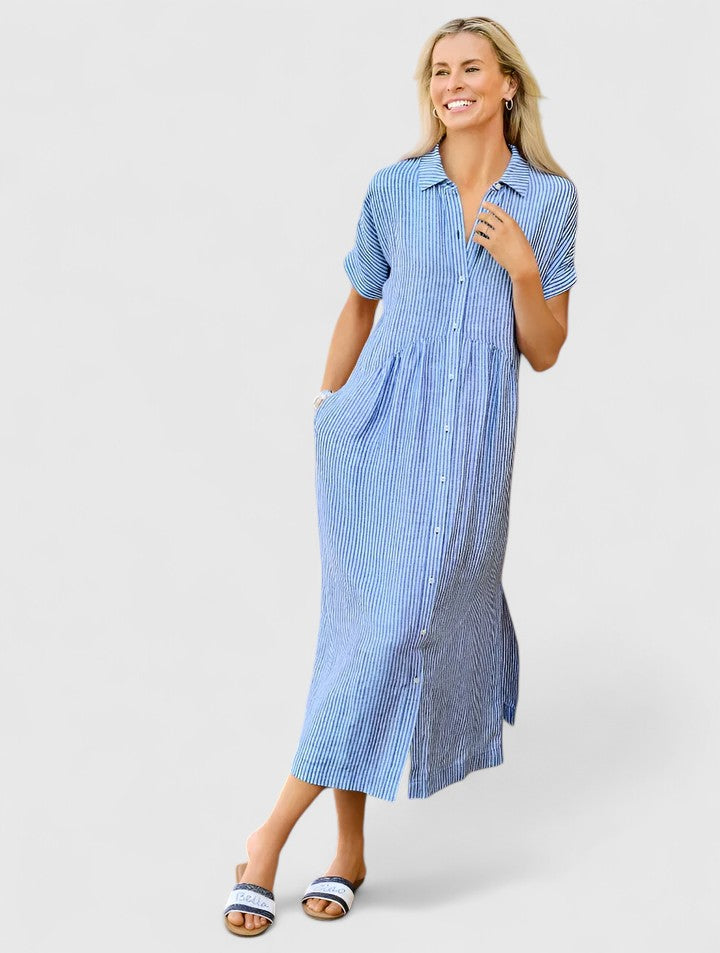 Fynoria | Striped Button Front Midi Dress with Collar