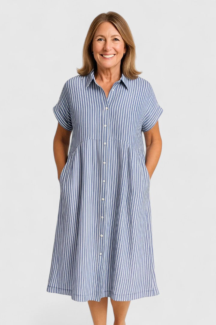 Fynoria | Striped Button Front Midi Dress with Collar