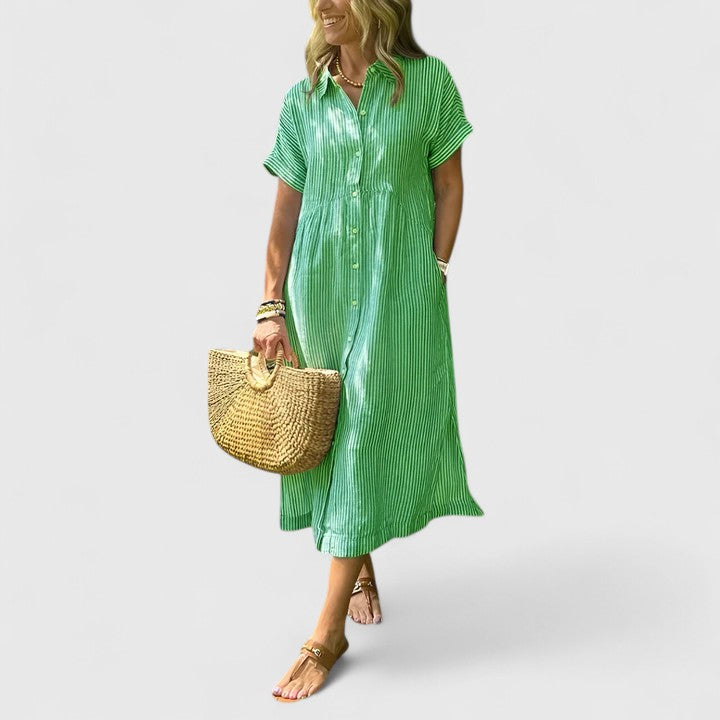 Fynoria | Striped Button Front Midi Dress with Collar