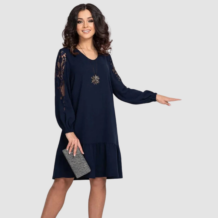 Fynzoria | Lace Sleeve Shift Dress with Ruffle Hem