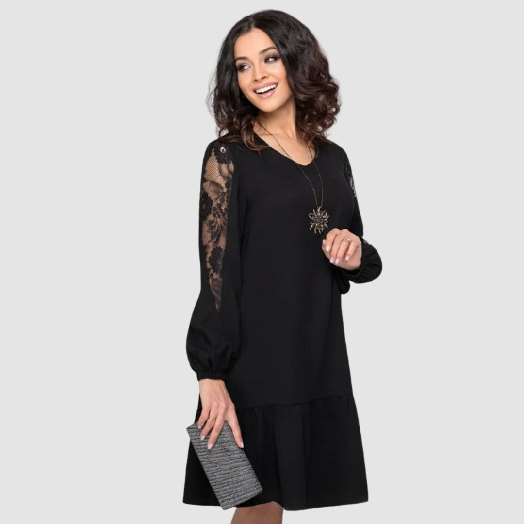 Fynzoria | Lace Sleeve Shift Dress with Ruffle Hem