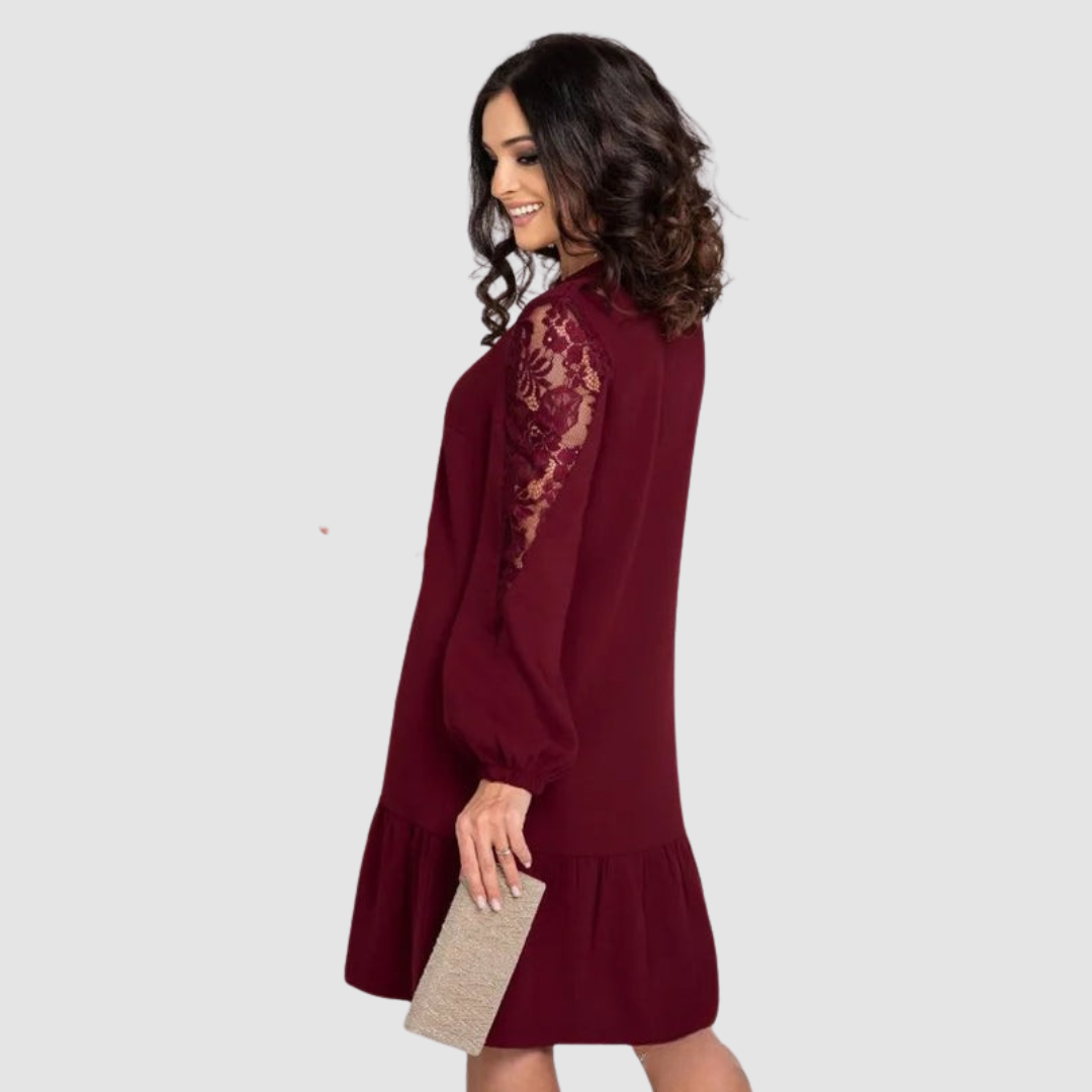Fynzoria | Lace Sleeve Shift Dress with Ruffle Hem