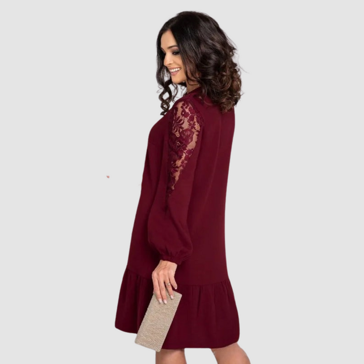Fynzoria | Lace Sleeve Shift Dress with Ruffle Hem
