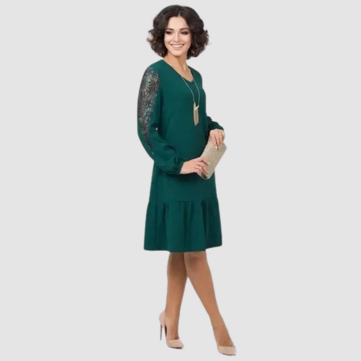Fynzoria | Lace Sleeve Shift Dress with Ruffle Hem