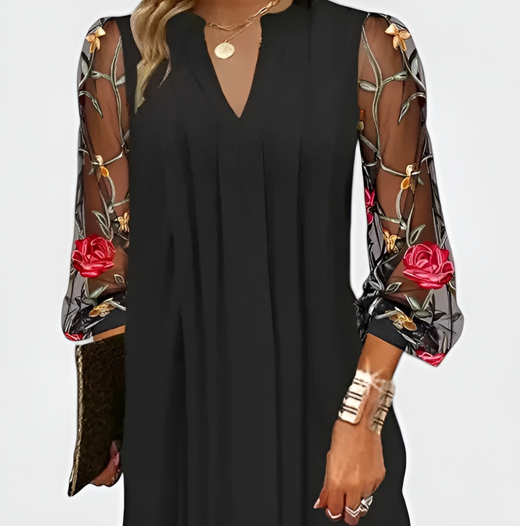 Galynna | Chic Mini Dress with Embroidered Sheer Sleeves