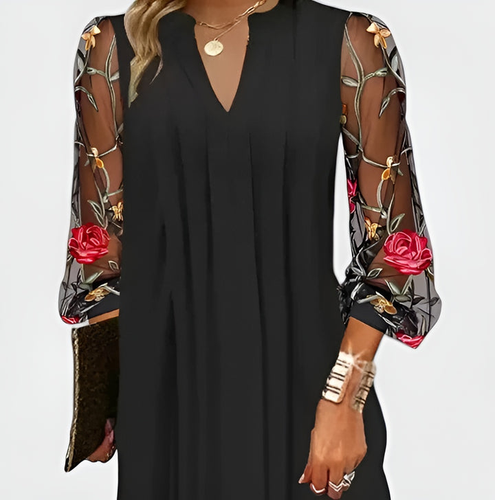 Galynna | Chic Mini Dress with Embroidered Sheer Sleeves