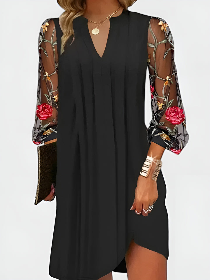 Galynna | Chic Mini Dress with Embroidered Sheer Sleeves