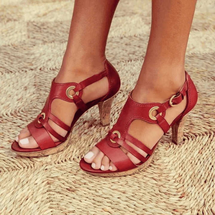 Ghusoon | Strappy Block Heel Sandals with Cutout Design