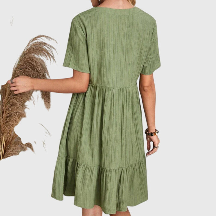Girella | Boho V-Neck Mini Dress with Ruffle Hem