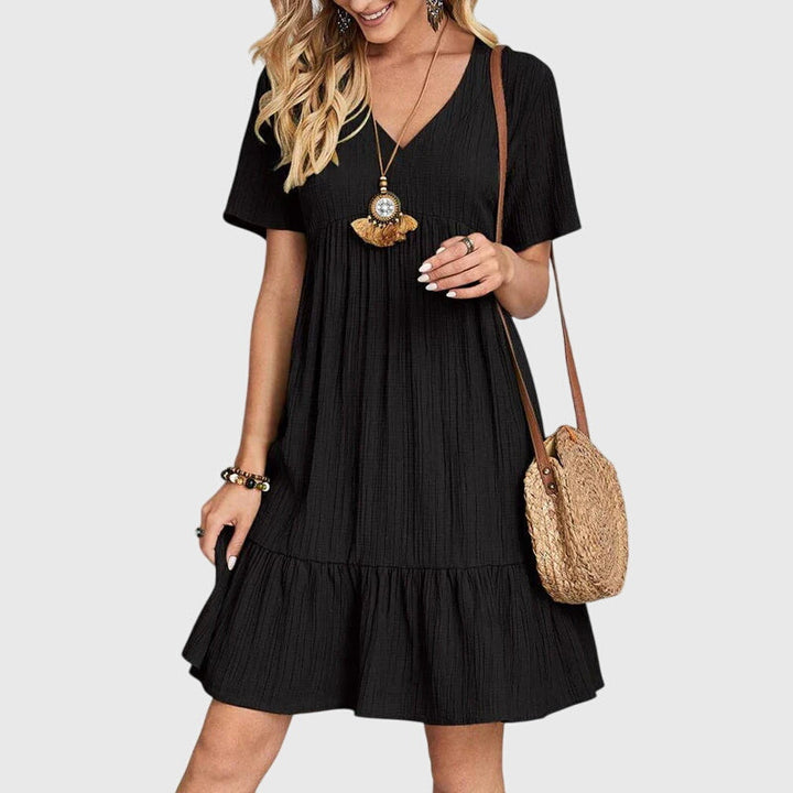 Girella | Boho V-Neck Mini Dress with Ruffle Hem