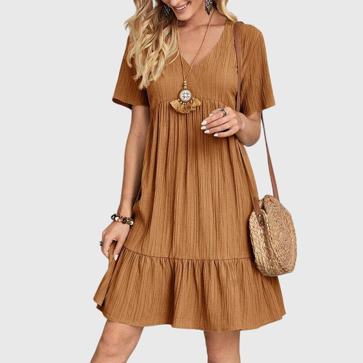 Girella | Boho V-Neck Mini Dress with Ruffle Hem