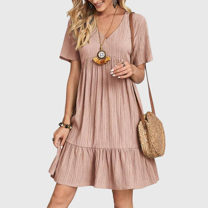Girella | Boho V-Neck Mini Dress with Ruffle Hem