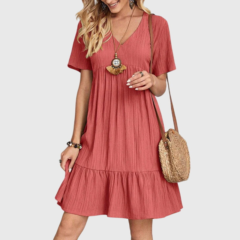 Girella | Boho V-Neck Mini Dress with Ruffle Hem