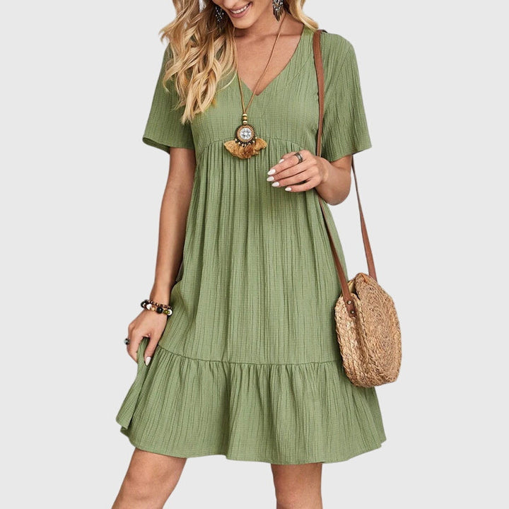 Girella | Boho V-Neck Mini Dress with Ruffle Hem