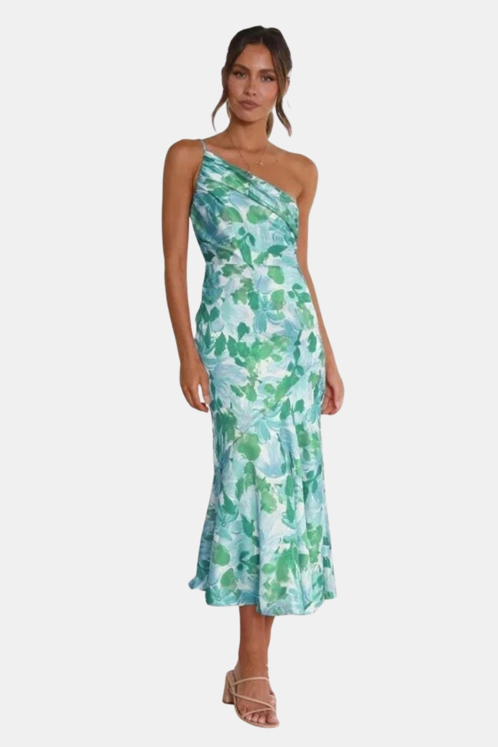 Girelyssa | Wedding Guest Floral Midi Dress with Asymmetric Neckline