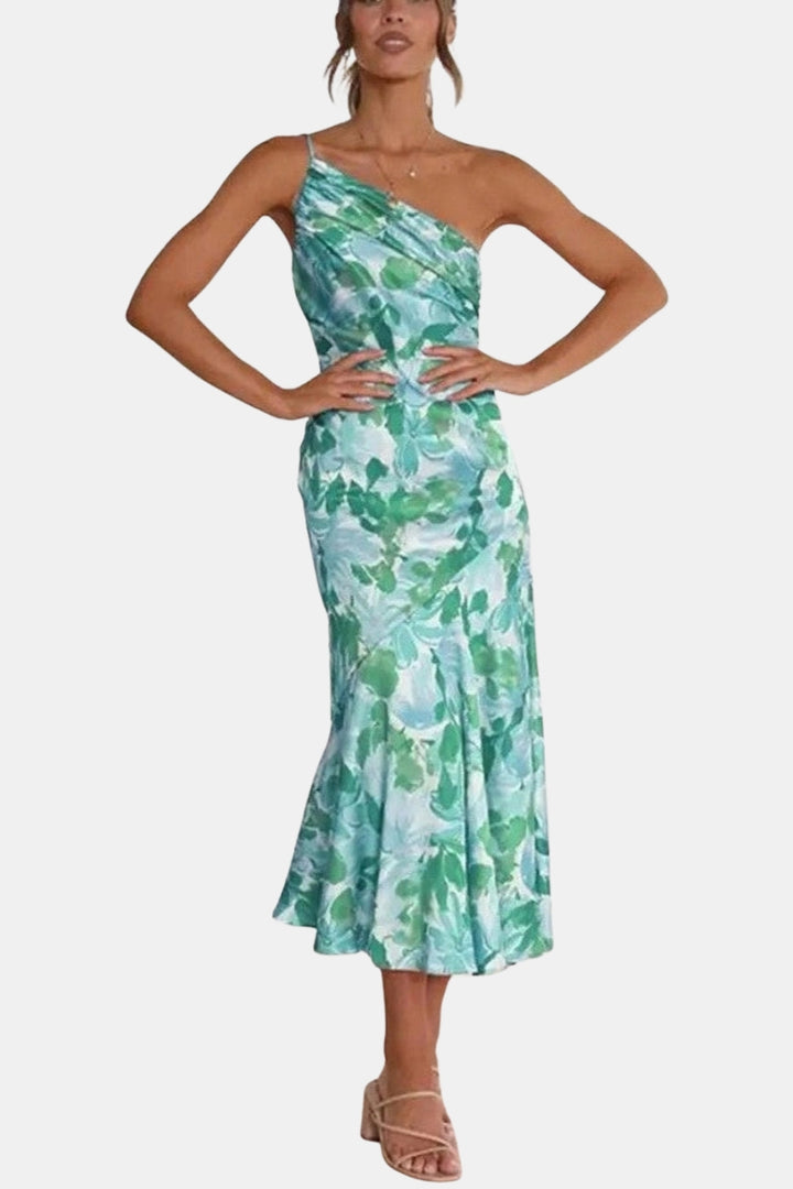 Girelyssa | Wedding Guest Floral Midi Dress with Asymmetric Neckline