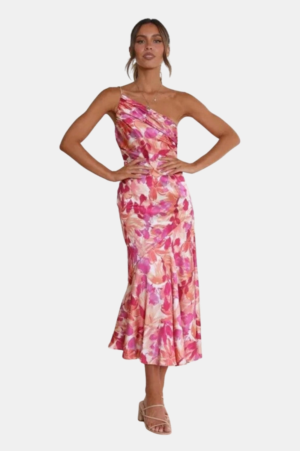 Girelyssa | Wedding Guest Floral Midi Dress with Asymmetric Neckline
