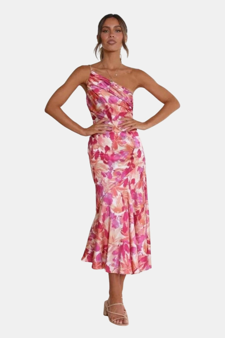 Girelyssa | Wedding Guest Floral Midi Dress with Asymmetric Neckline