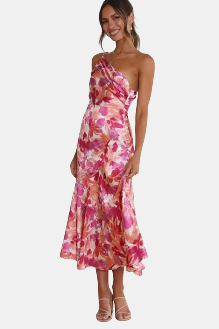 Girelyssa | Wedding Guest Floral Midi Dress with Asymmetric Neckline
