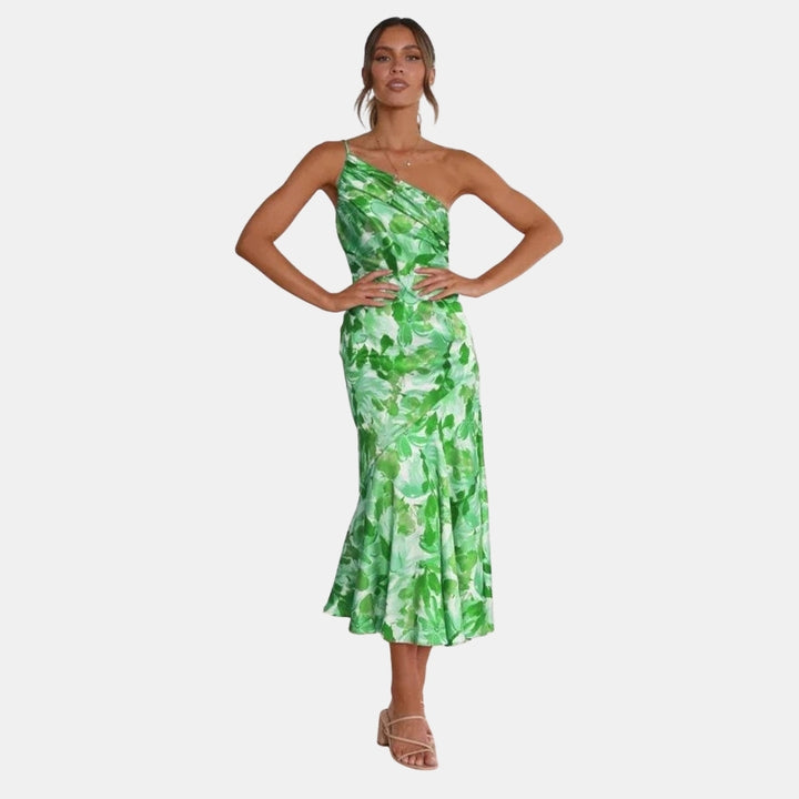 Girelyssa | Wedding Guest Floral Midi Dress with Asymmetric Neckline