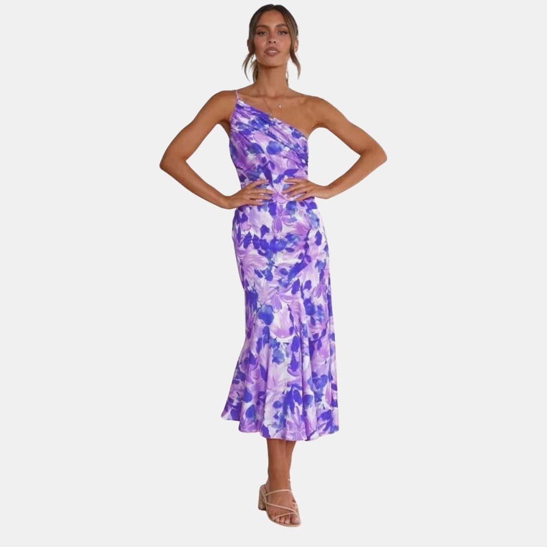Girelyssa | Wedding Guest Floral Midi Dress with Asymmetric Neckline