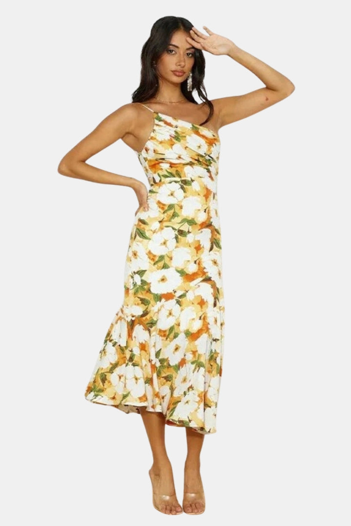 Girelyssa | Wedding Guest Floral Midi Dress with Asymmetric Neckline