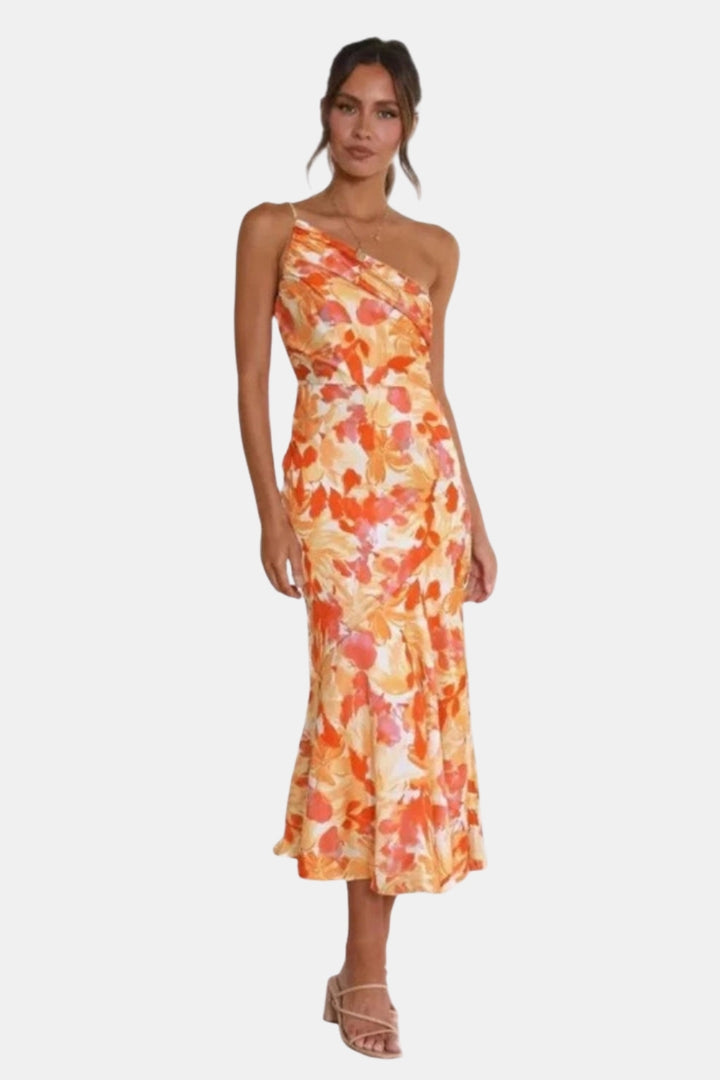 Girelyssa | Wedding Guest Floral Midi Dress with Asymmetric Neckline