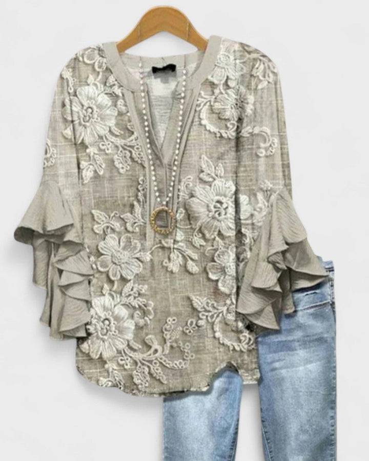 Girendra | Floral Print Blouse with Ruffle Sleeves