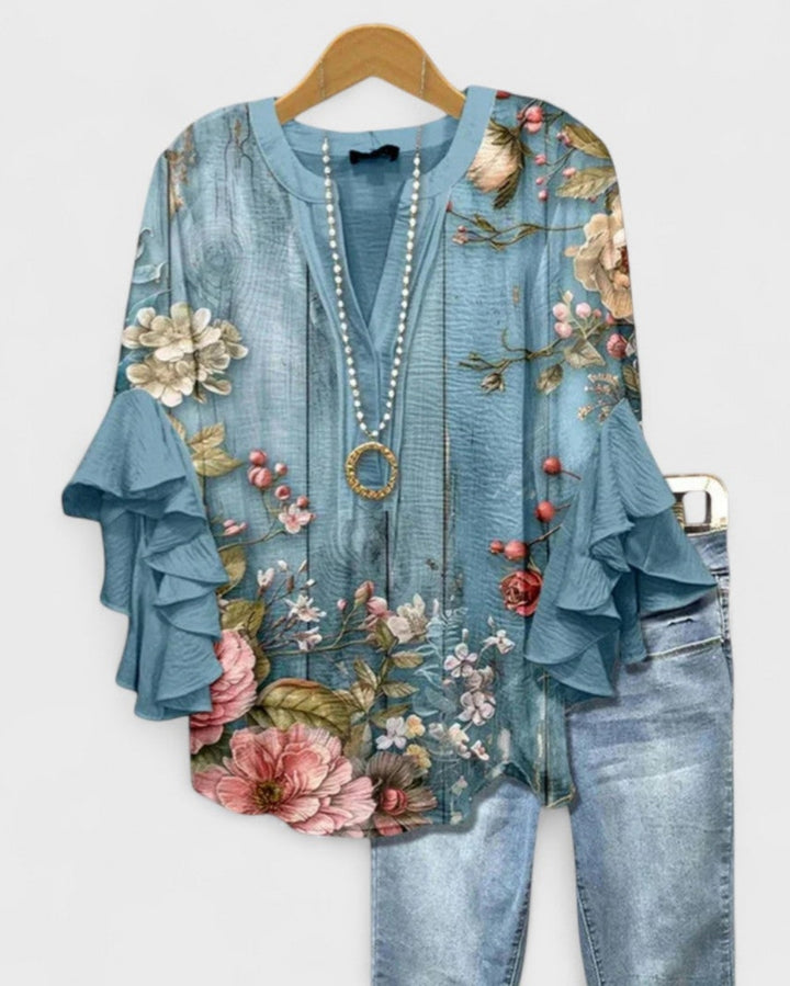 Girendra | Floral Print Blouse with Ruffle Sleeves