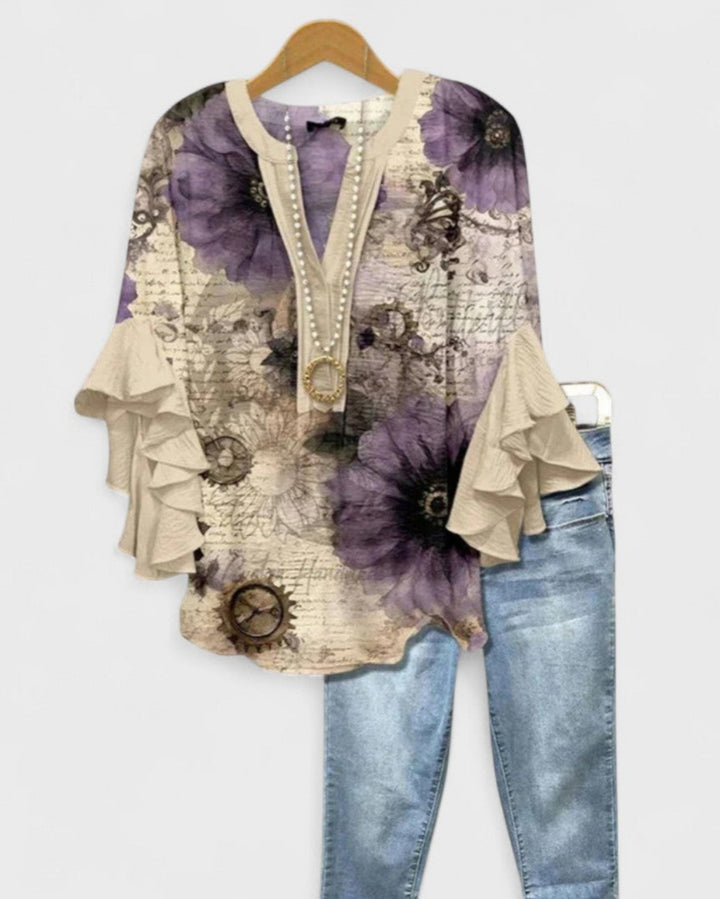 Girendra | Floral Print Blouse with Ruffle Sleeves